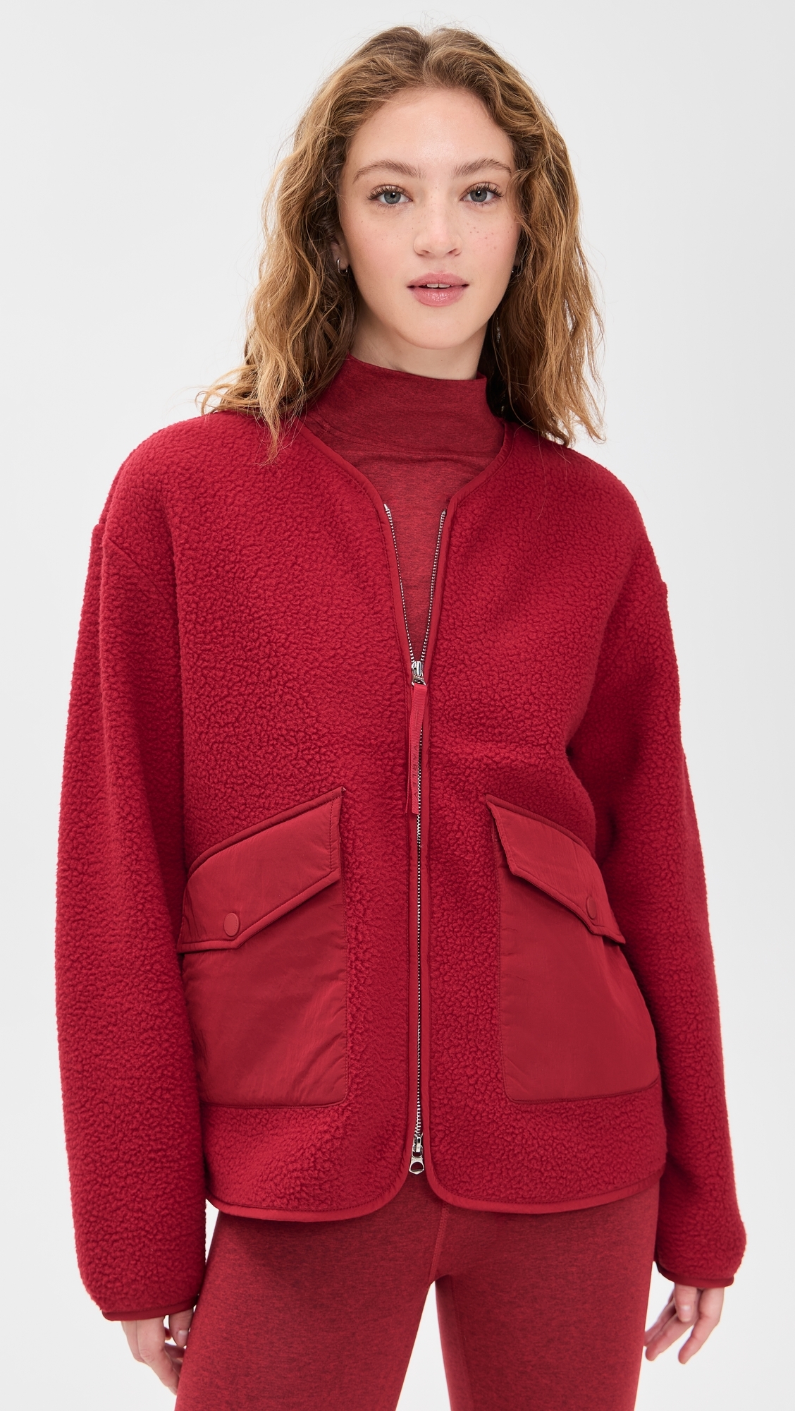 Marina Collarless Fleece Jacket Red Dahlia