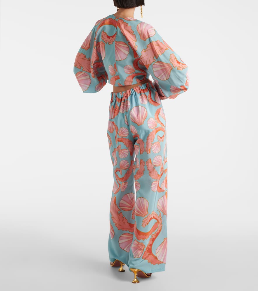 Printed high-rise silk wide-leg pants