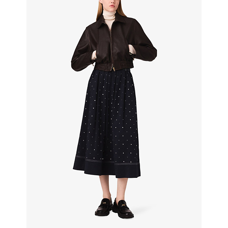 Womens Cropped Smocked-Waist Leather Jacket