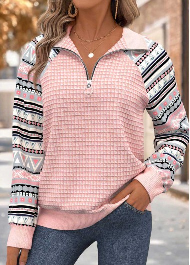 Modlily Light Pink Tummy Coverage Geometric Print Long Sleeve Sweatshirt