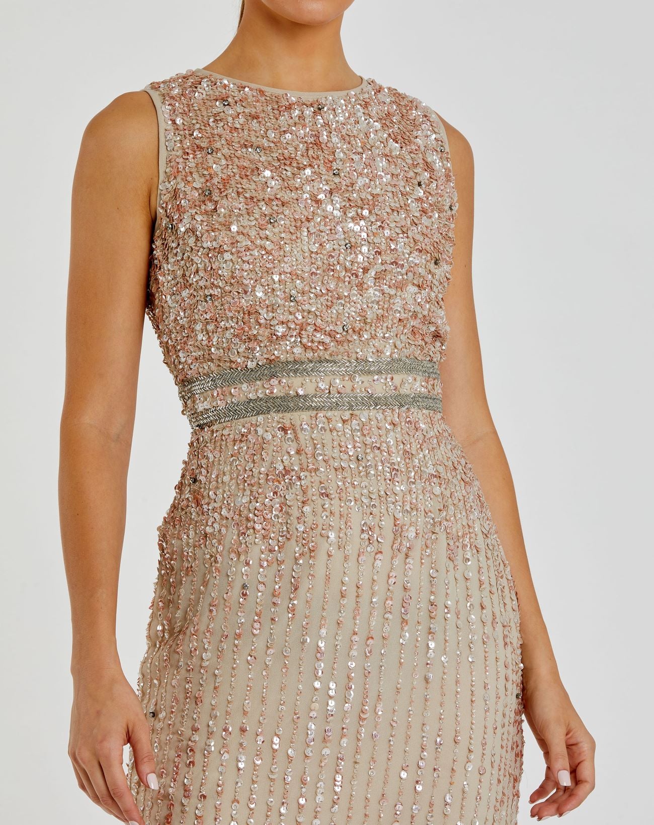 Sand Sleeveless High Neck Beaded Midi Sheath Wedding Guest Dress In