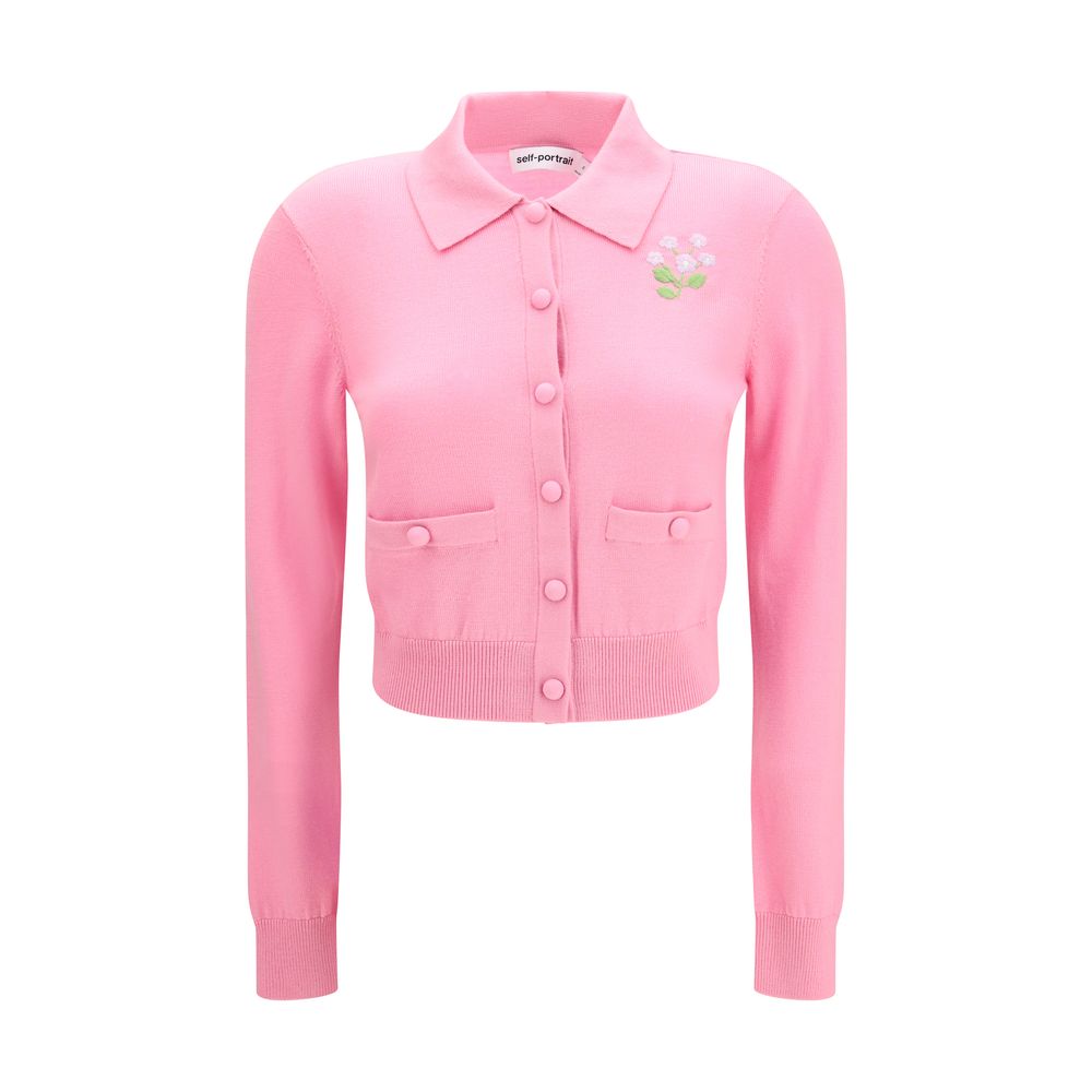 Floral-Embroidered Wool Cardigan — Pink