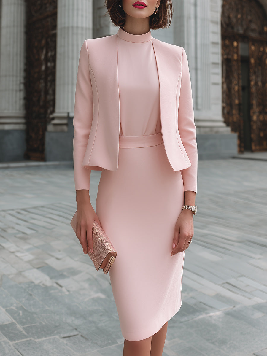 Tailored Collarless Blazer And Mock-Neck Midi Dress Set - Pink