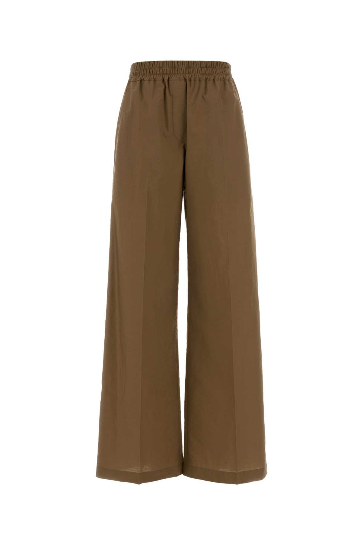 Cotton Blend Wide-Leg Trousers — Brown