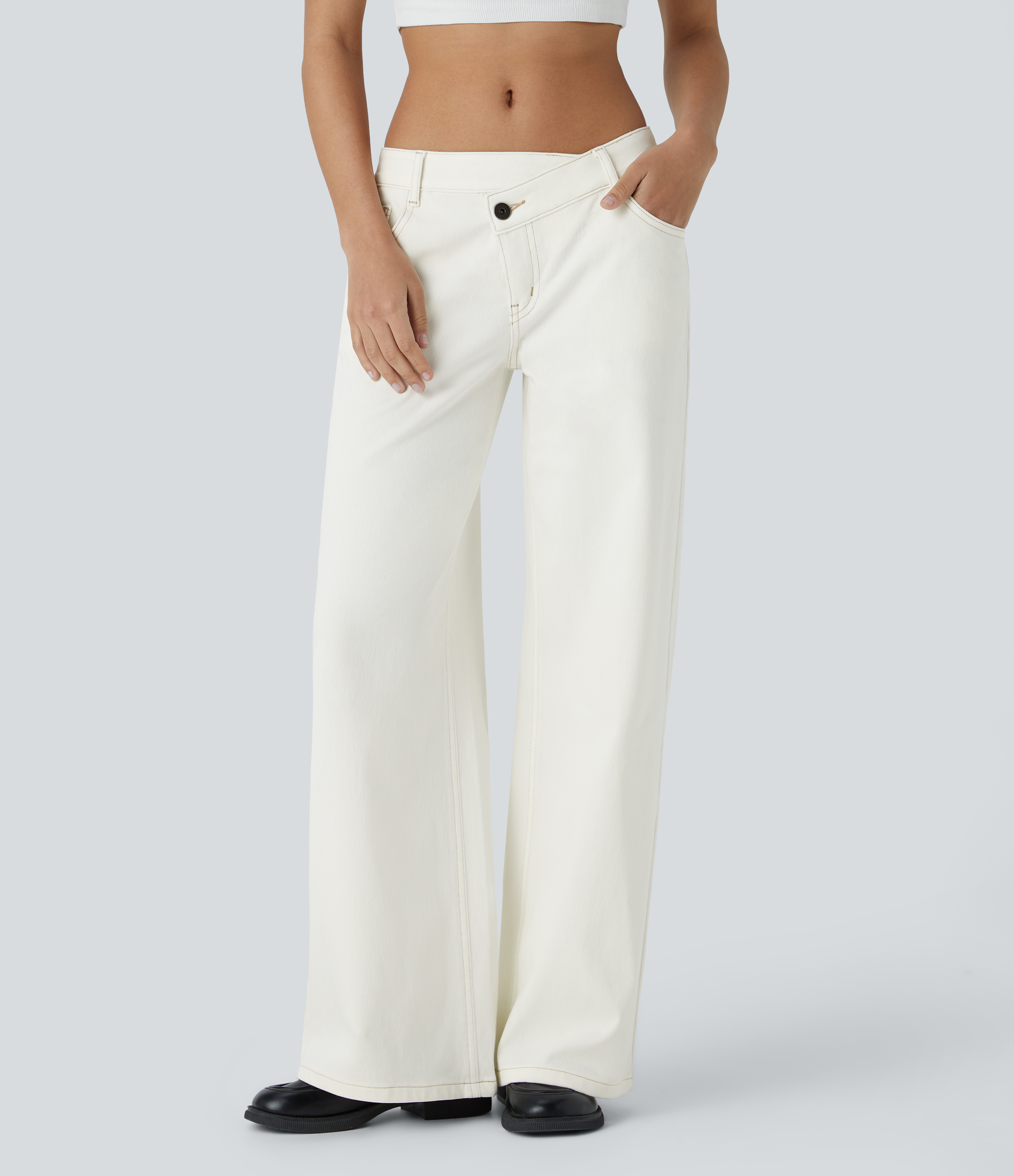 Flex™ Asymmetric Low Rise Zipper Pockets Baggy Wide Leg Washed Casual Jeans  - Beige Denim