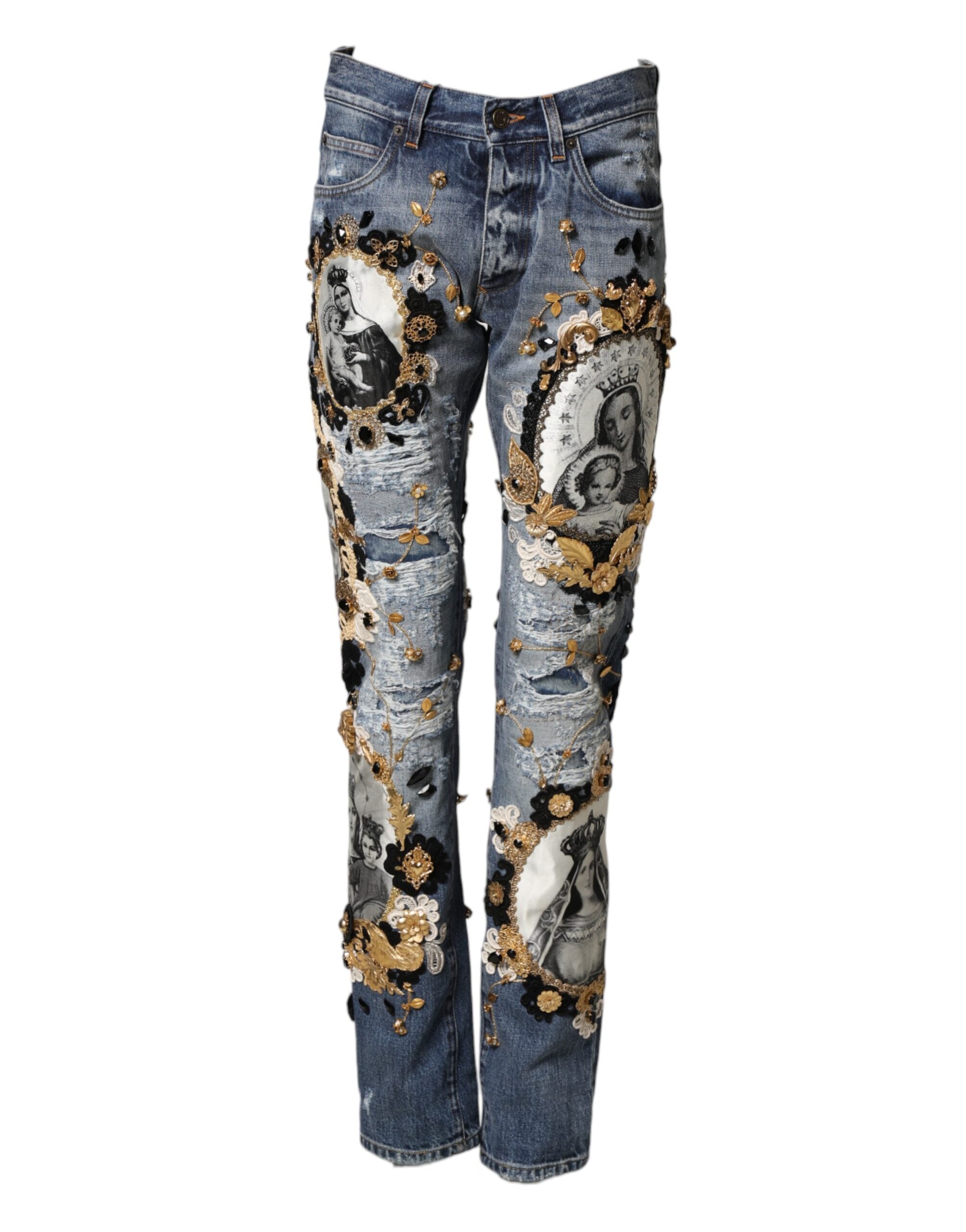Embellished Distressed Denim Jeans — Blue