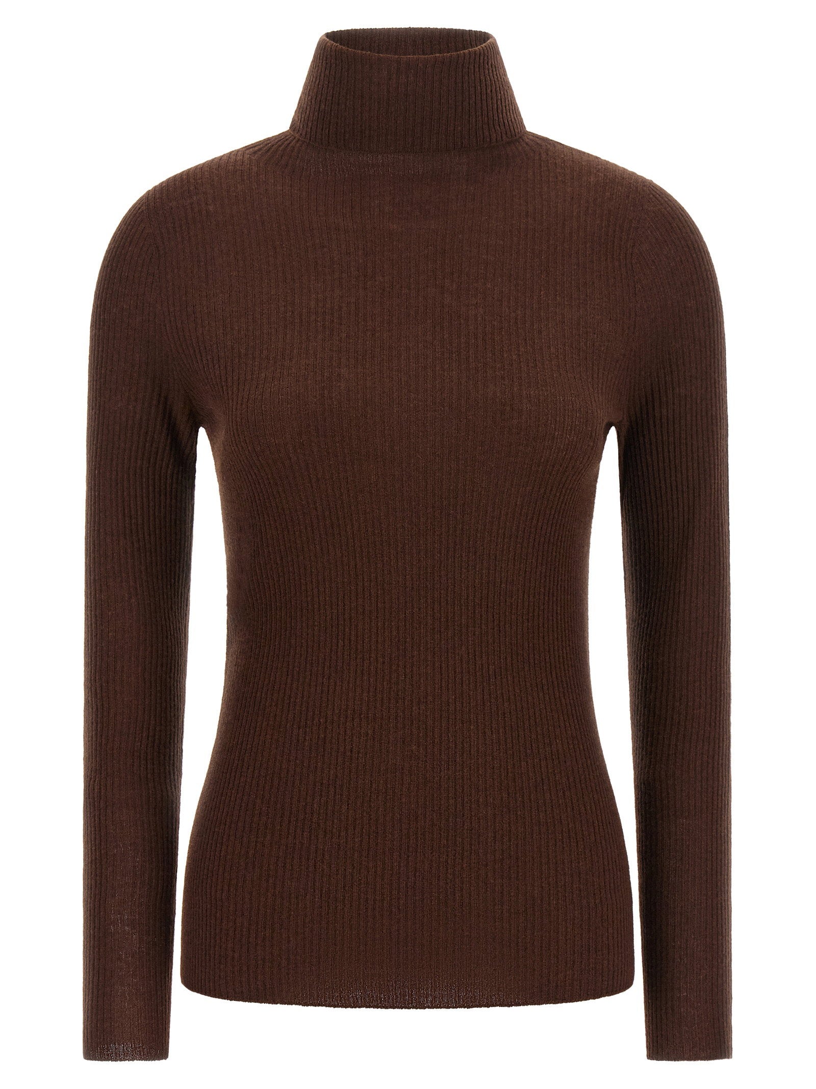 Ribbed Virgin Wool Cashmere Turtleneck Sweater — Brown