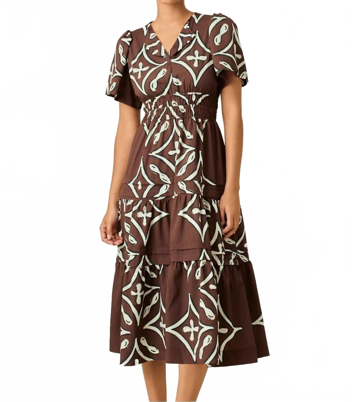 Theresa Midi Dress In Brown White Geometric Tile