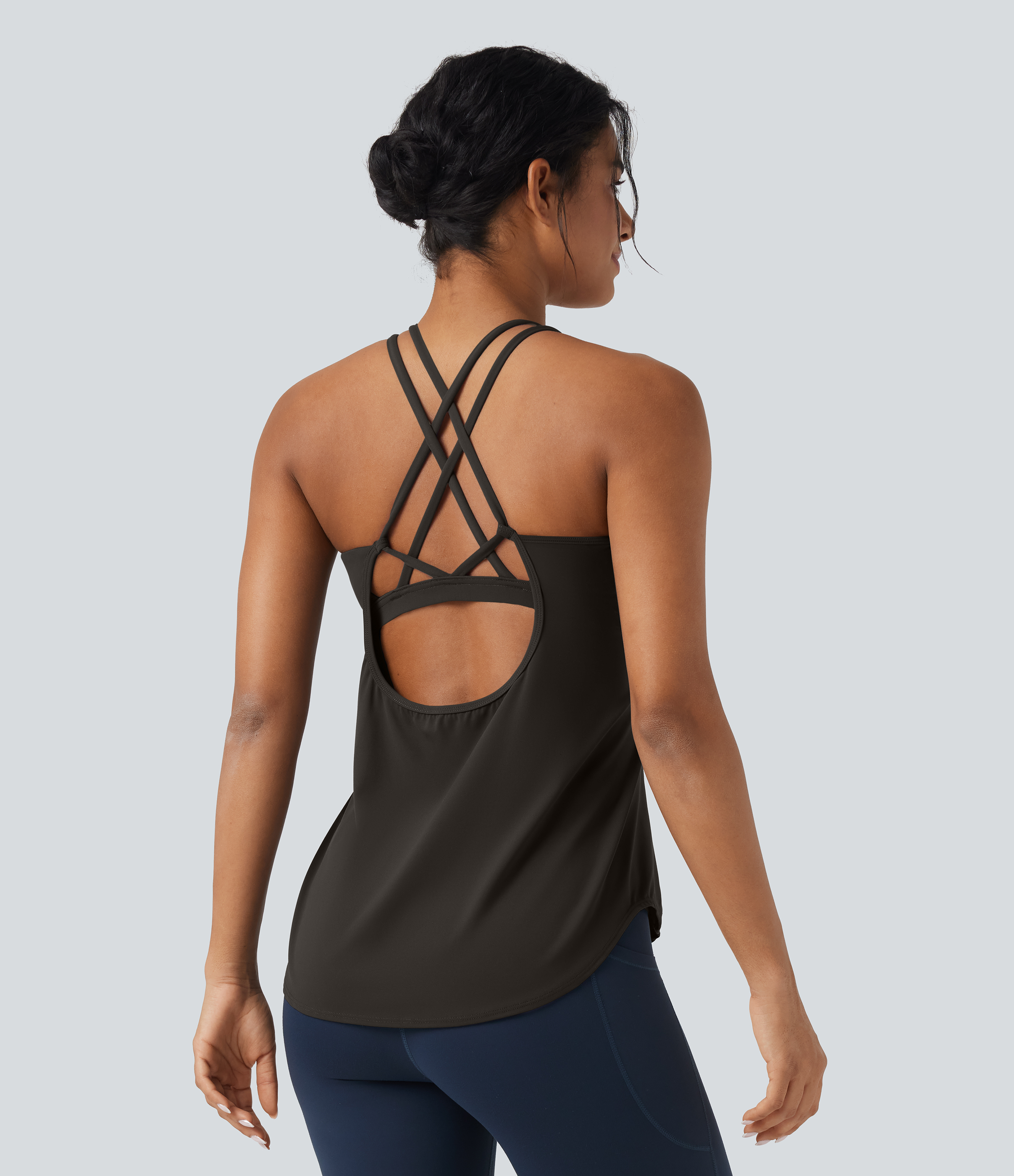 UltraSculpt™ Round Neck Crisscross Back Running Tank Tops DD-F Cups Tank Top - Hazelnut Black