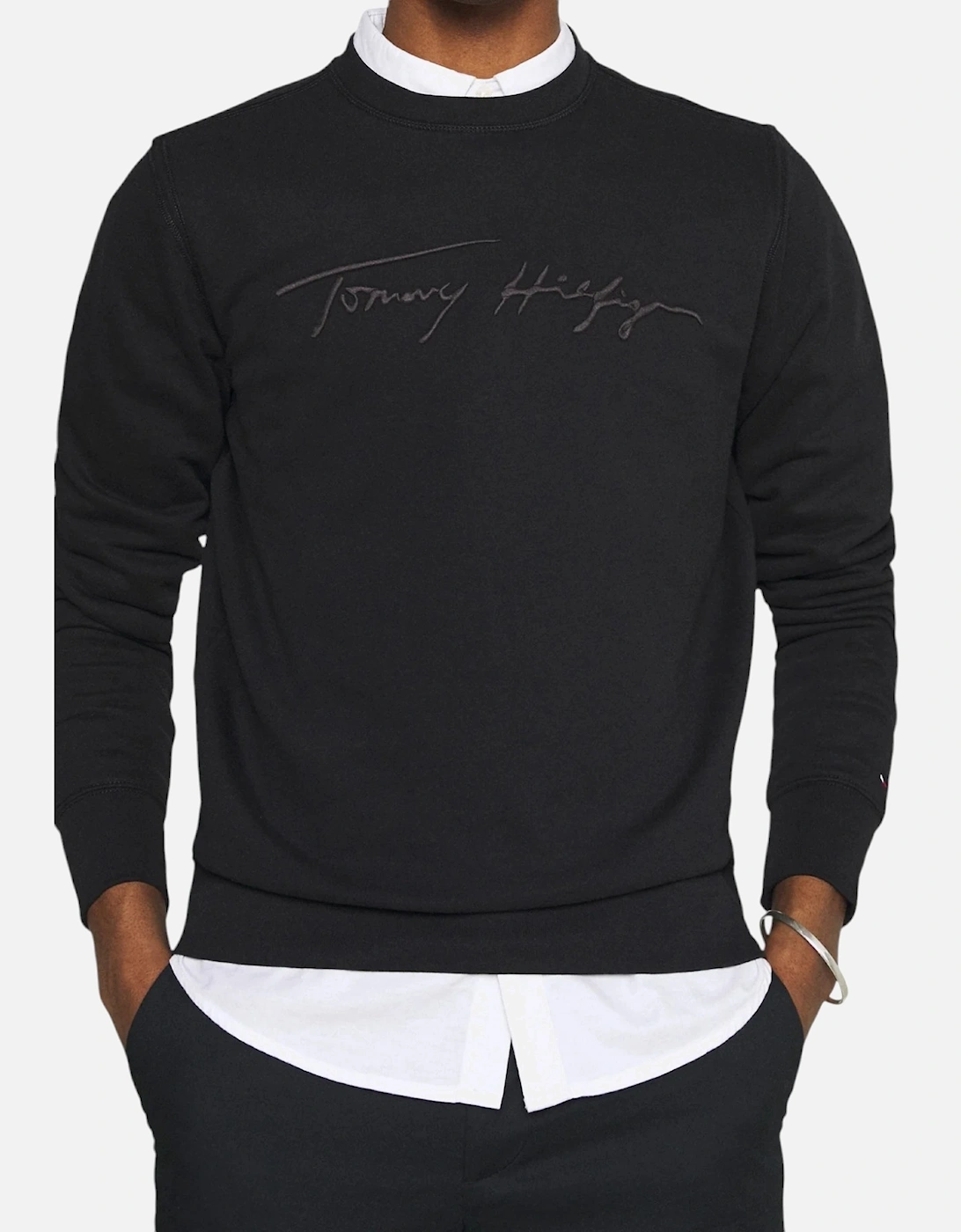 Men's TOMMY HILFIGER Mens Sweatshirt Signature Embossed Logo Fleece Pullover Crew Neck - Black - Size: 46/Regular