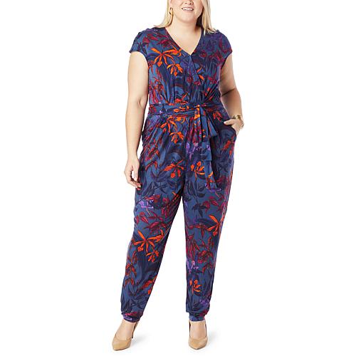 Colleen Lopez Wrap Tie Knit Jumpsuit - Deep Sea Floral - Size Medium