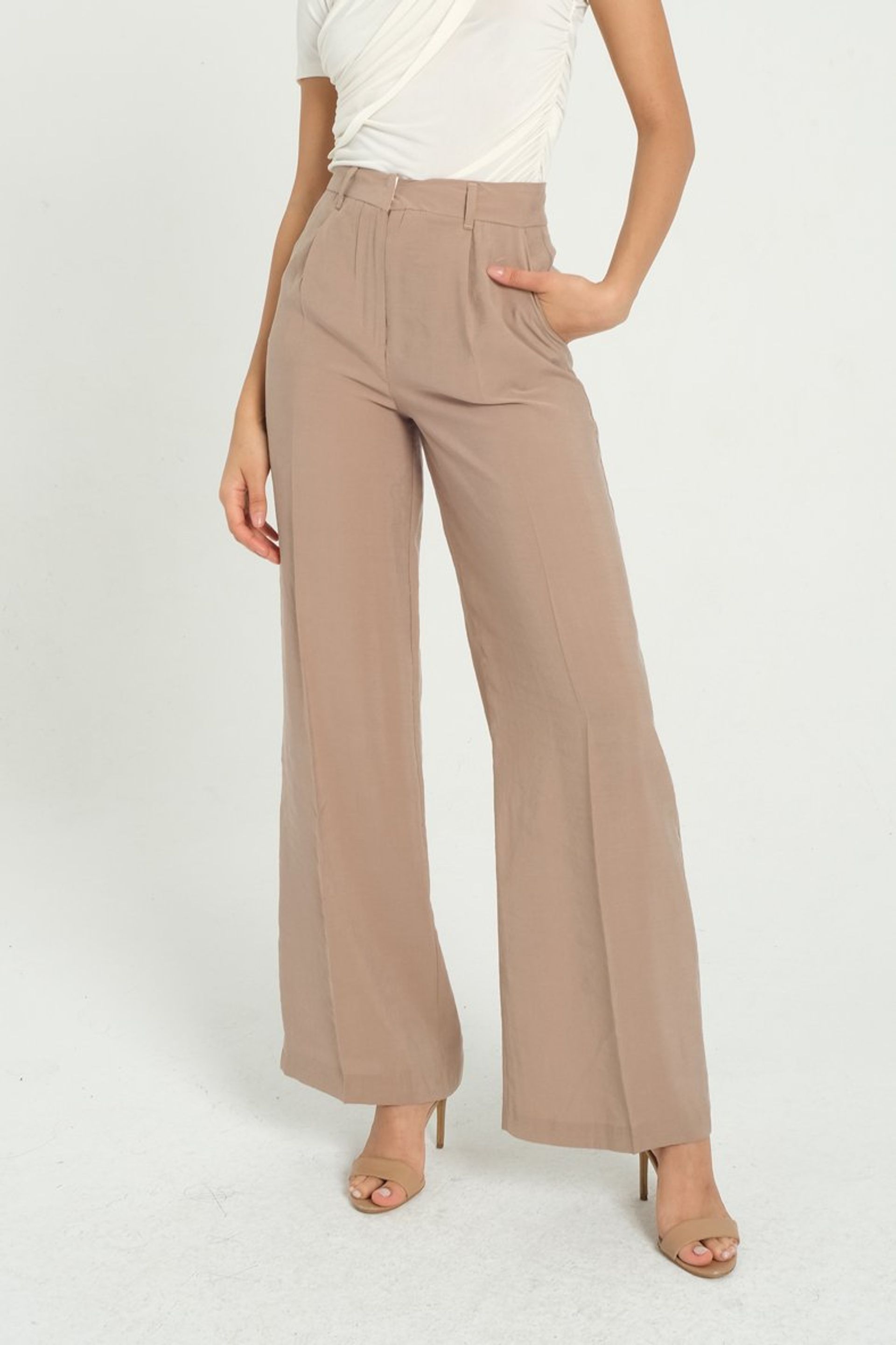 Natural High Waist Pleated Wide Leg Trousers Women