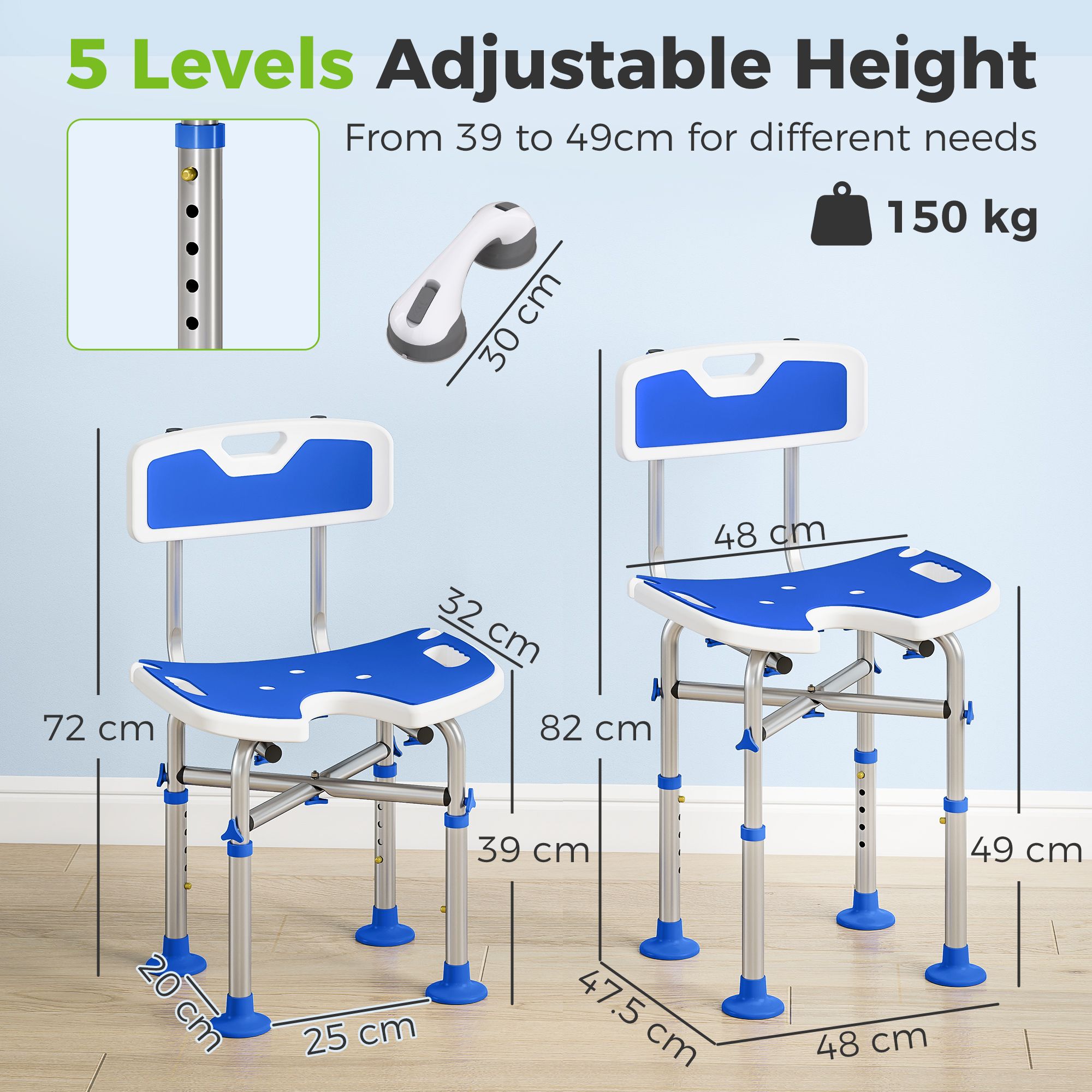 Homcom Shower Chair With U-Shaped Cutout, Height Adjustable Shower Chair In Blue
