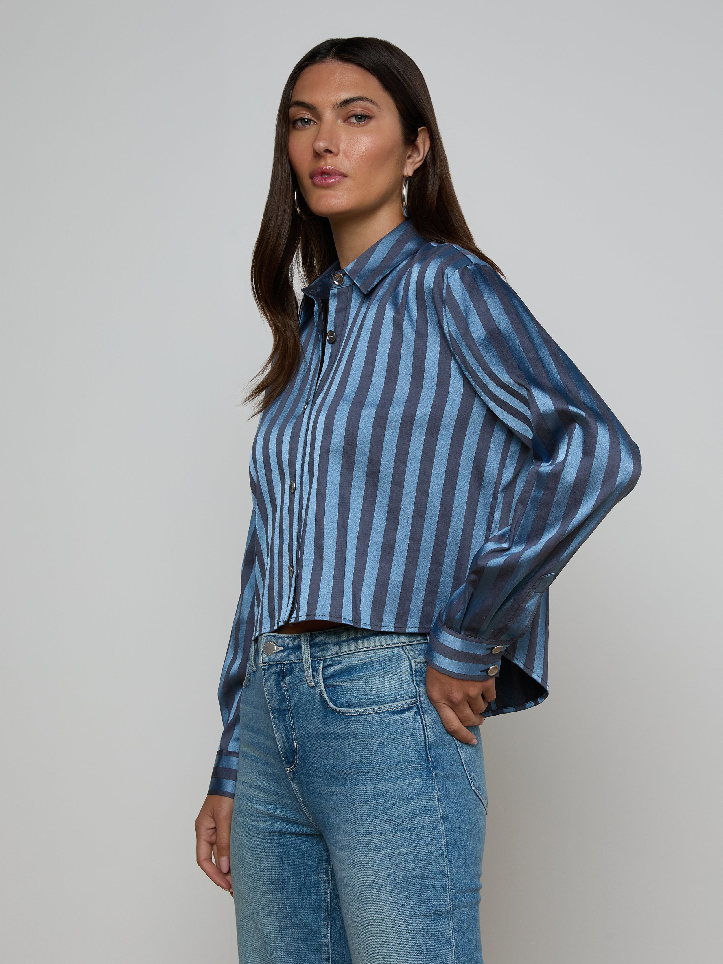 Cosette Satin Shirt In Blue Multi Stripe