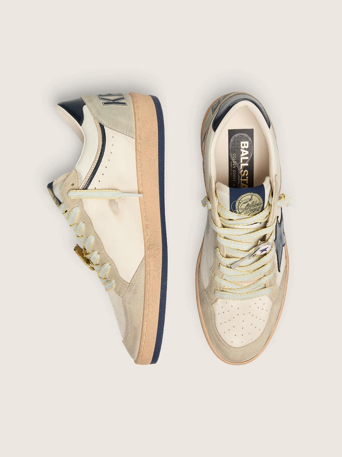 Golden Goose - Men’s Ball Star Ltd In White Leather And Light Grey Suede With Dark Blue Star And Skins, Man