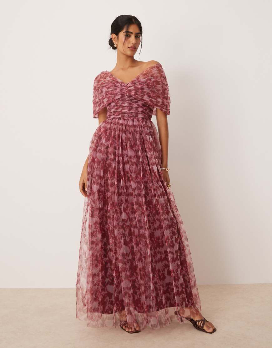 Bow off-shoulder tulle maxi dress in blush floral-Blue