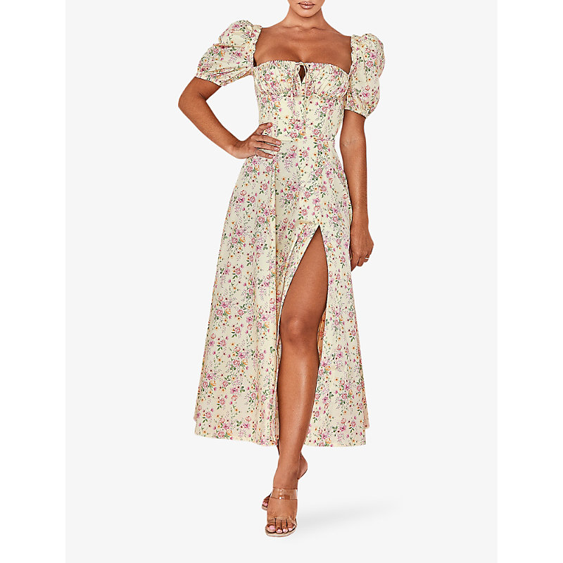 Womens Lemon Floral Tallulah Puffed-sleeve Cotton-blend Midi Dress