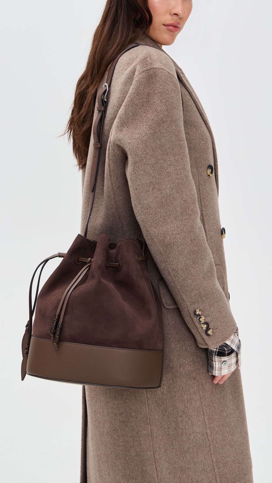 Extra Large Drawstring Bucket Bag In Suede Dark Brown One Size