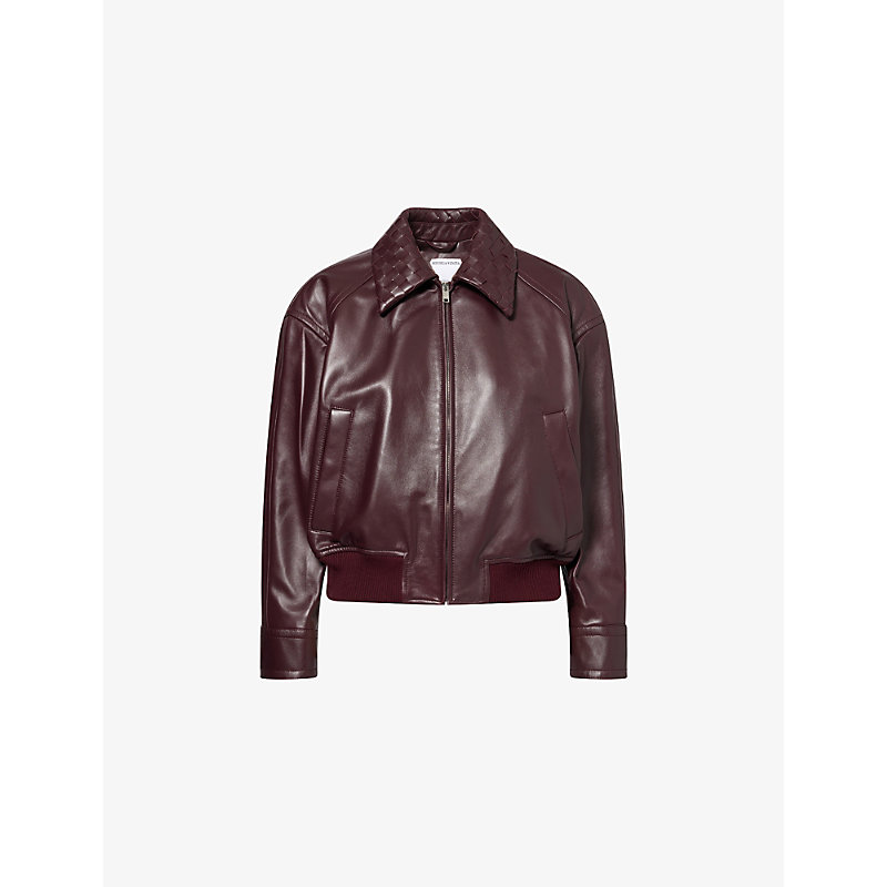 Womens Intrecciato-Collar Leather Bomber Jacket
