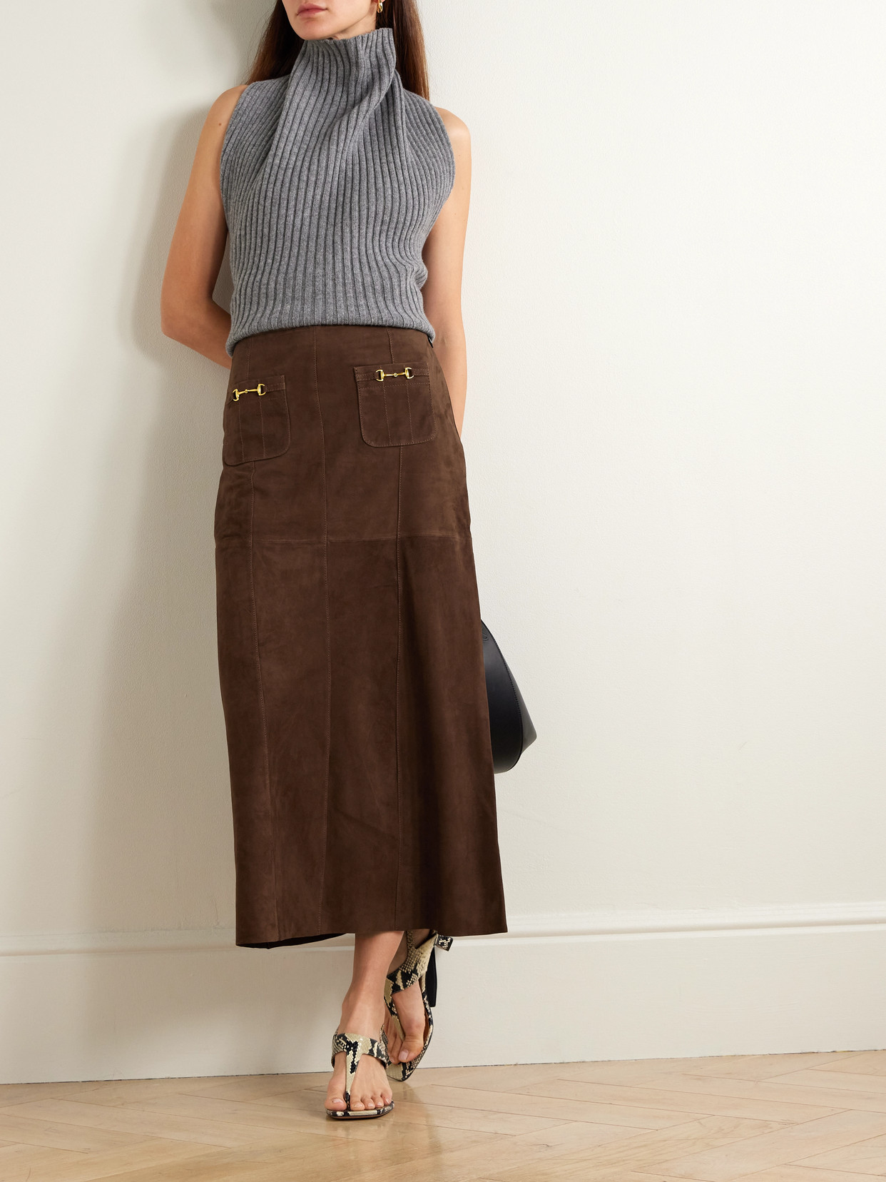 Edwina Embellished Paneled Suede Midi Skirt - Brown