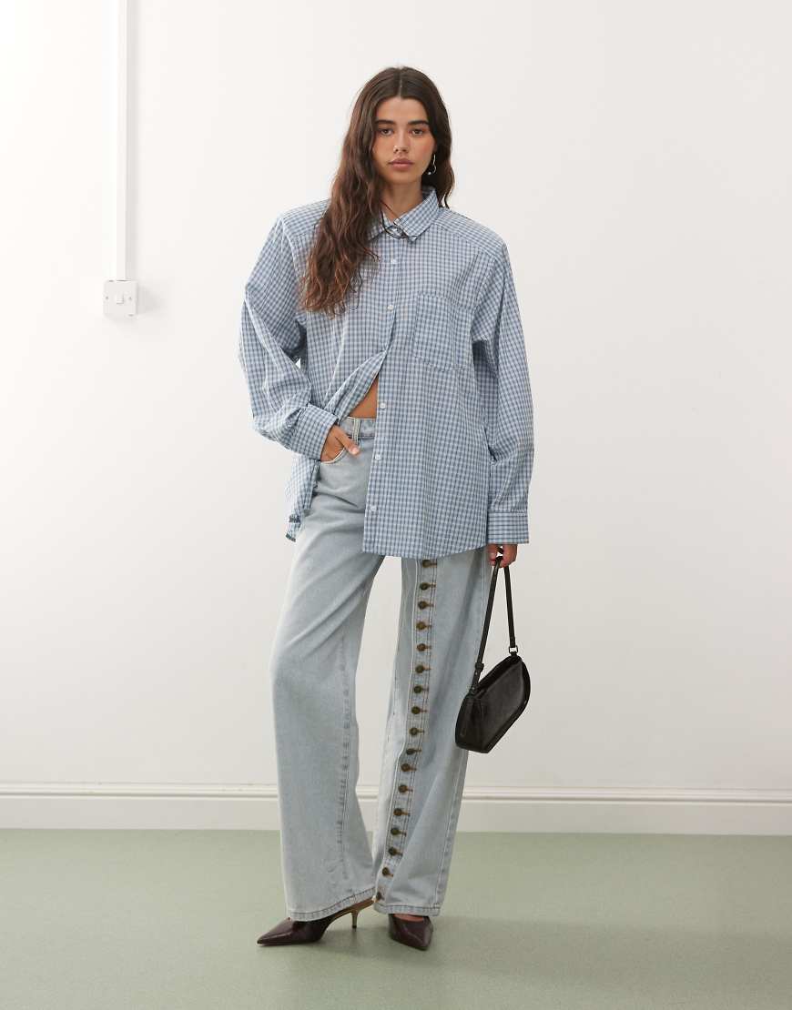 Notting Hill oversized shoulder pad detailing multiway button front shirt in baby blue plaid