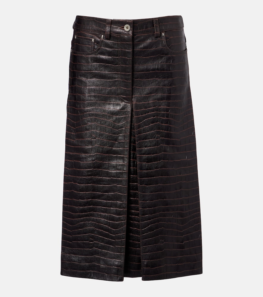Pleated croc-effect leather midi skirt