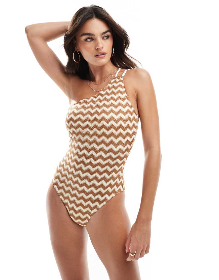 Accesorize crochet detail ring side swimsuit in gold and cream