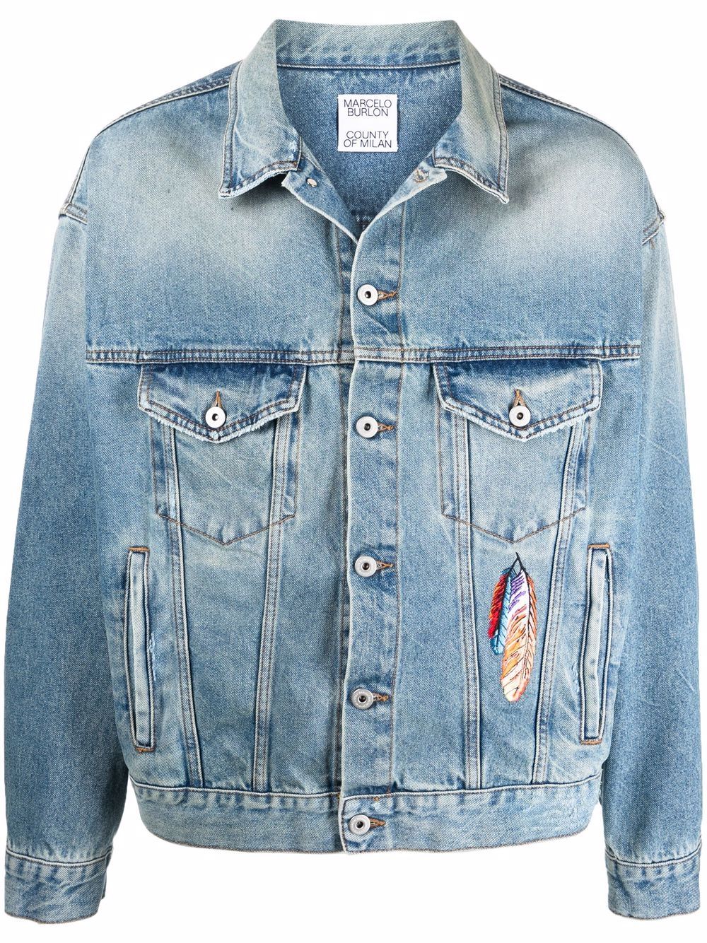 Embroidered feathers denim jacket - Blue