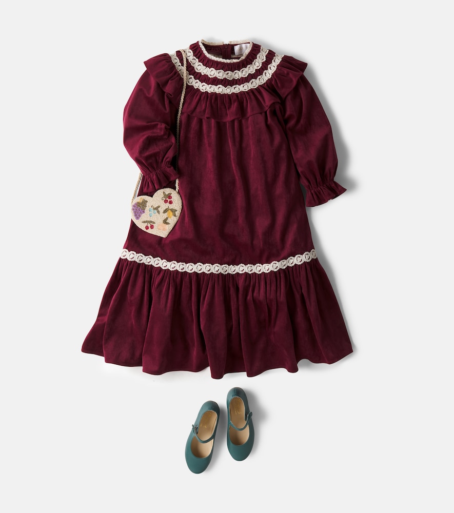 Lace-trimmed ruffled velvet dress