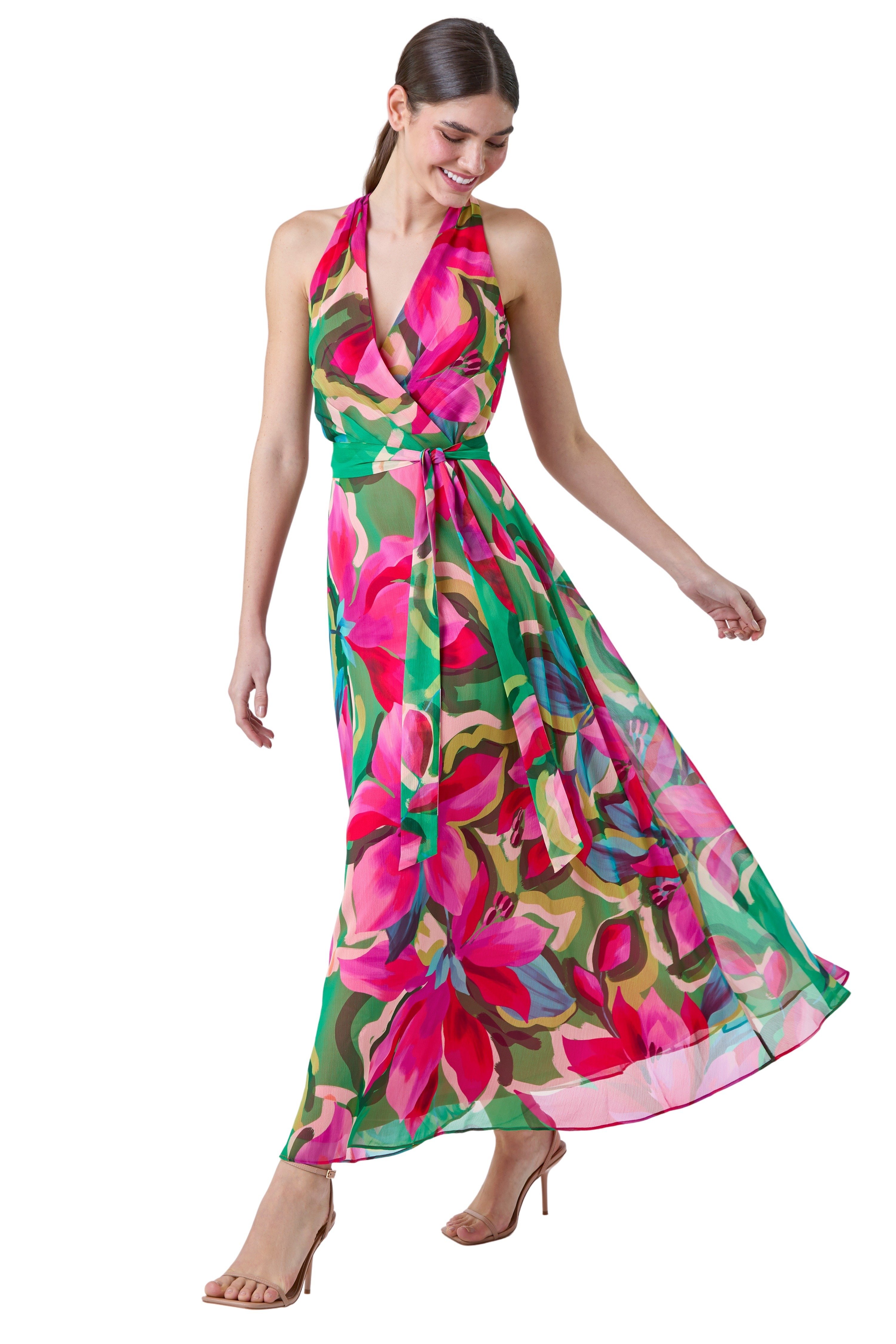 Roman Womens Floral Print Halterneck Maxi Dress - Pink