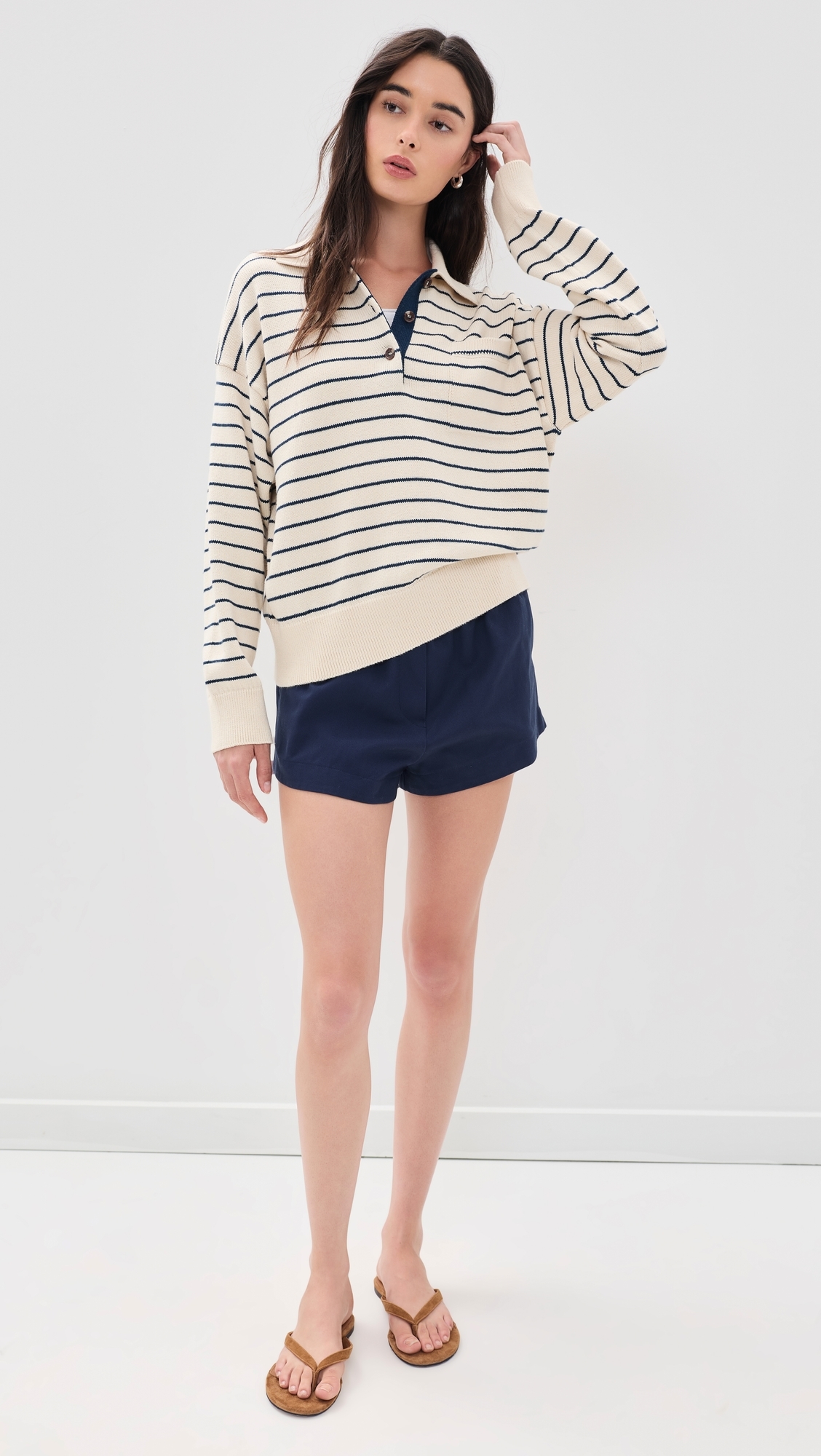 Cotton Striped Polo Ivory/Navy Stripe