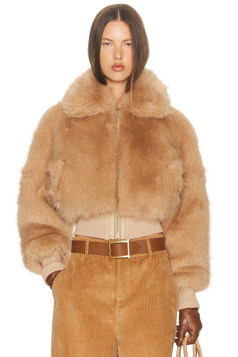 Helsa Faux Fox Bomber Jacket in Bisque - Tan. XL also in L, M