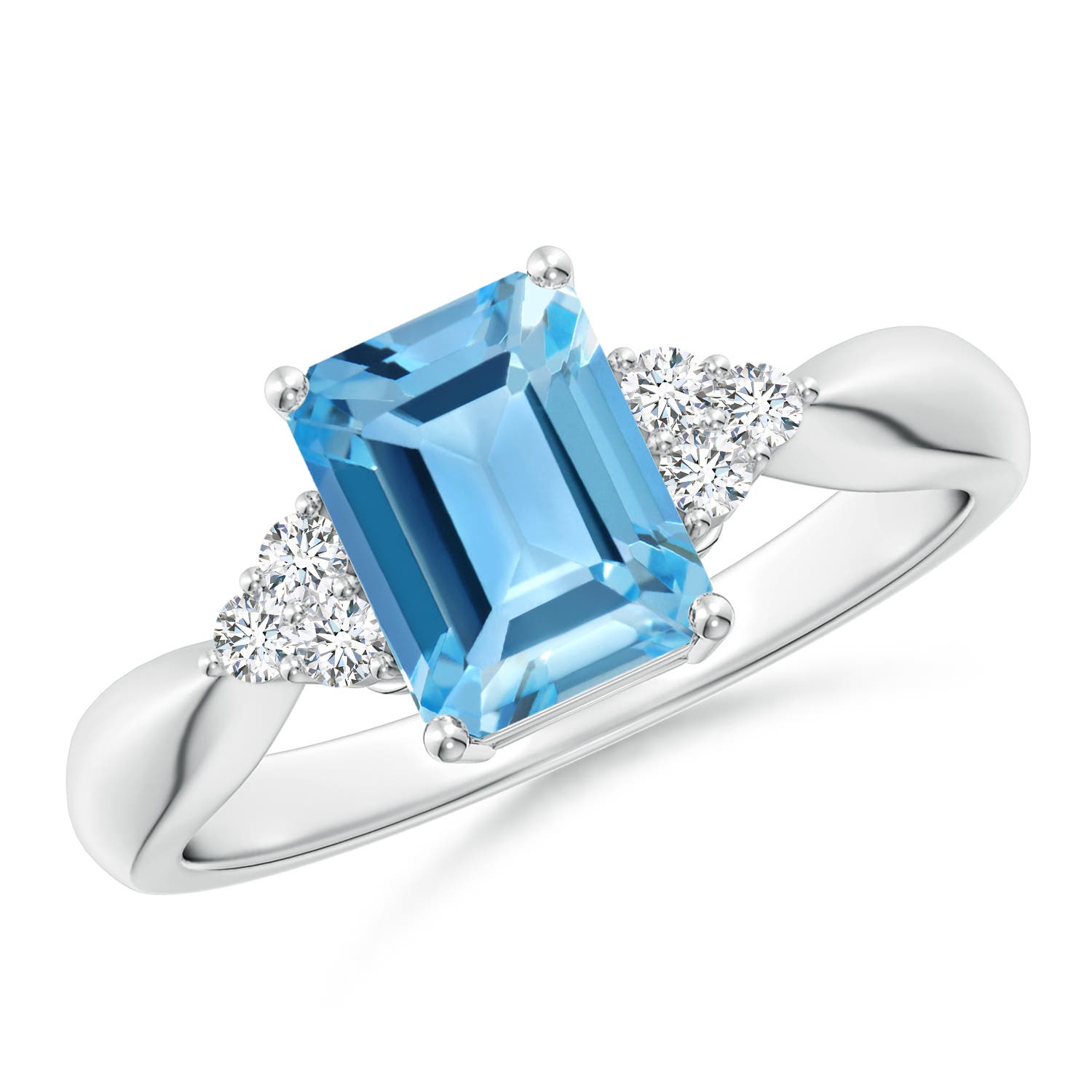 Angara 1.95 Carats Emerald-Cut Swiss Blue Topaz Ring with Trio Diamonds in Platinum