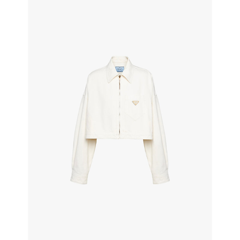 Womens White Brand-plaque Cropped Denim Jacket