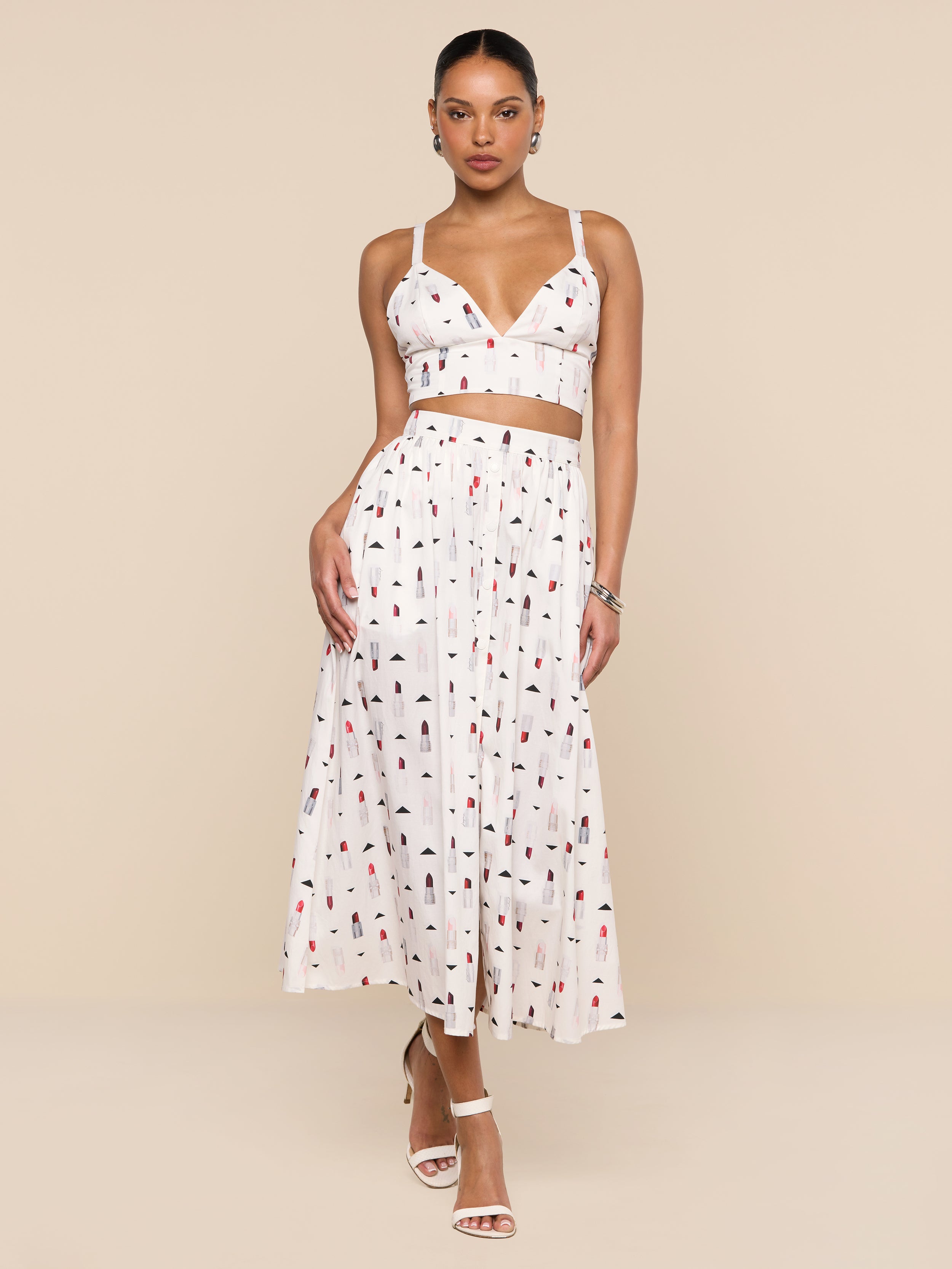 Seina Poplin Midi Skirt In Ivory Multi Lipstick Geo