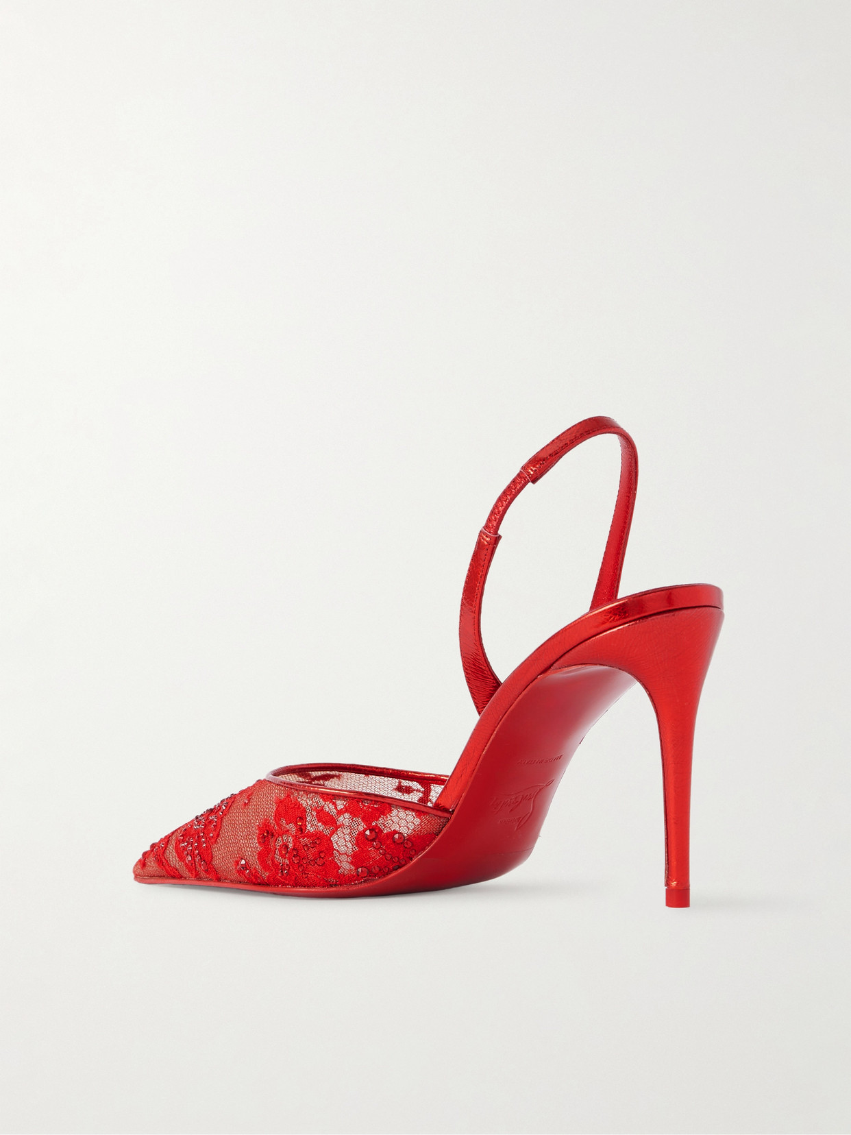 Kate Max Metallic Leather-trimmed Crystal-embellished Lace Slingback Sandals - Red
