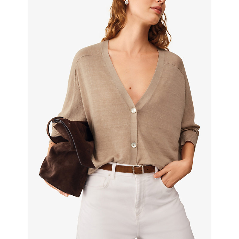 Womens Relaxed-Fit V-Neck Linen-Blend Cardigan