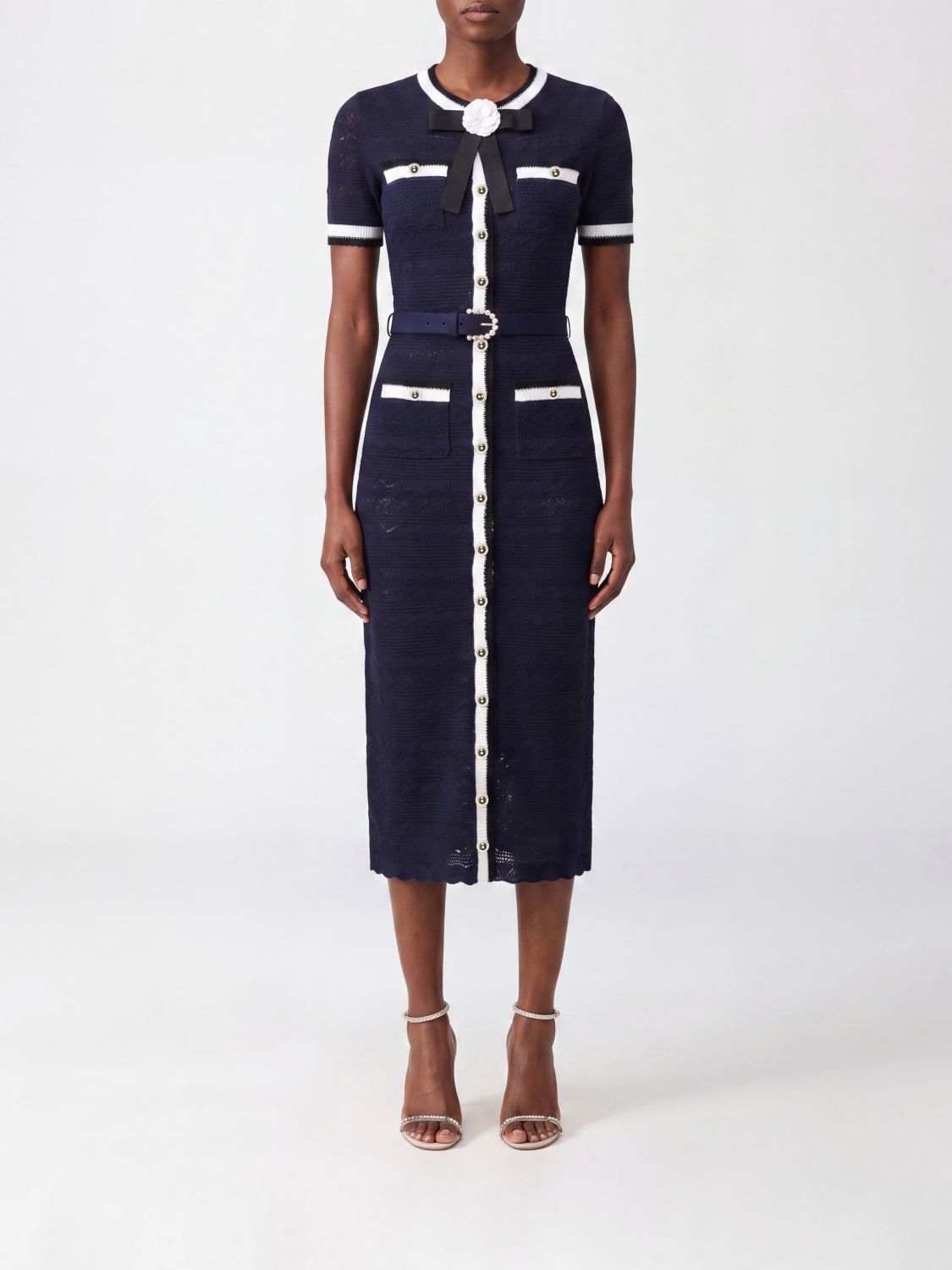Navy Pointelle Knit Midi Dress