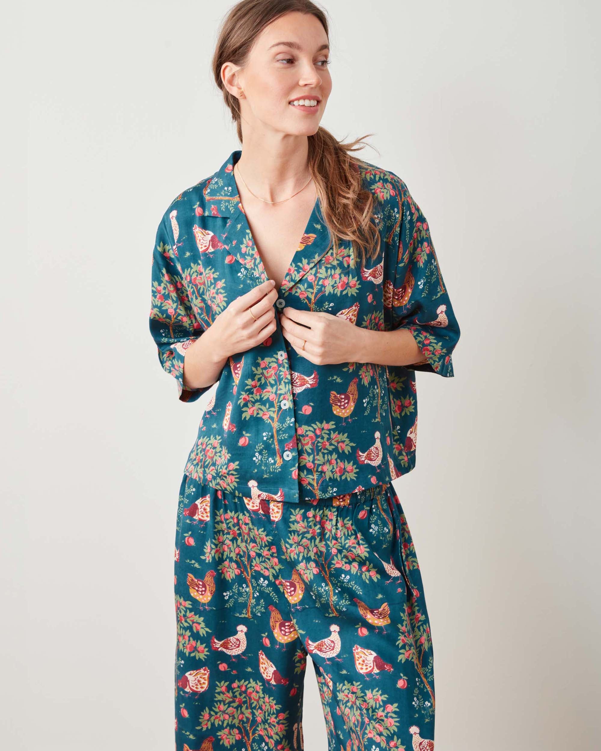 Eco Silky Short Sleeve and Pants Pajama Set in Hen House | Women's Tall XS/T | Navy | Sleepwear
