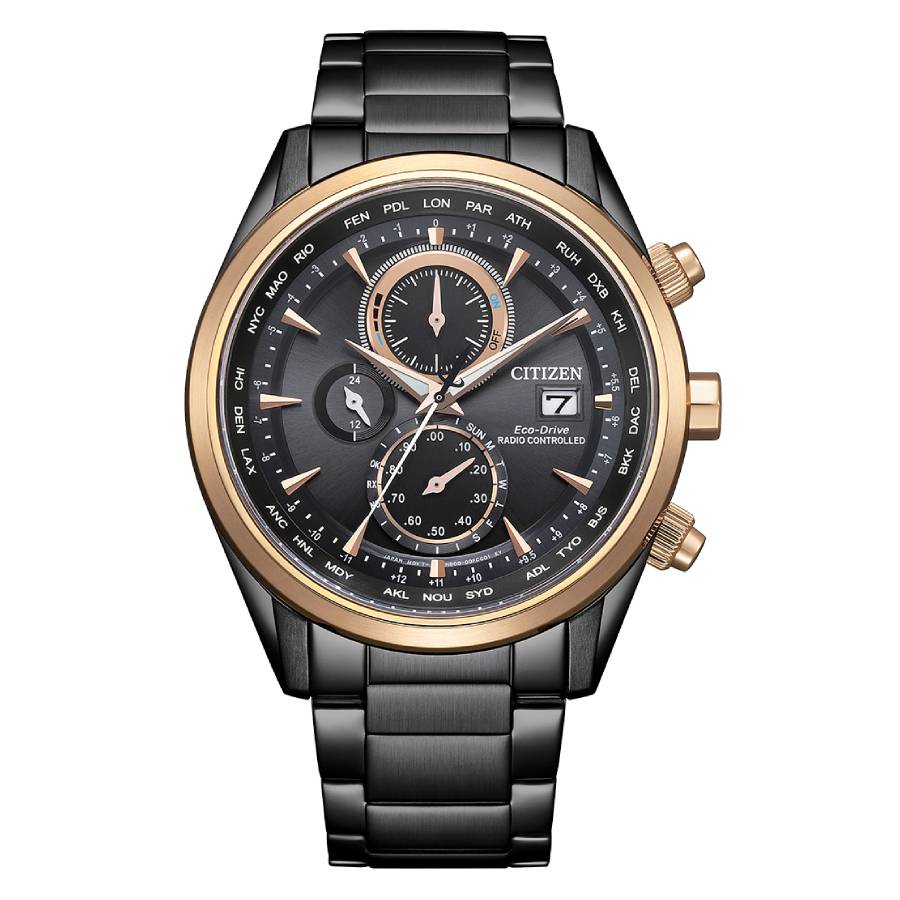 Radio-Controlled World Time Chronograph Black Dial Mens Watch AT8268-83E