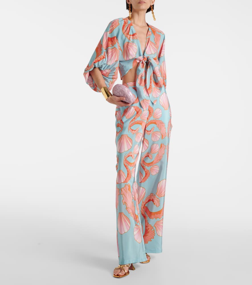 Printed high-rise silk wide-leg pants