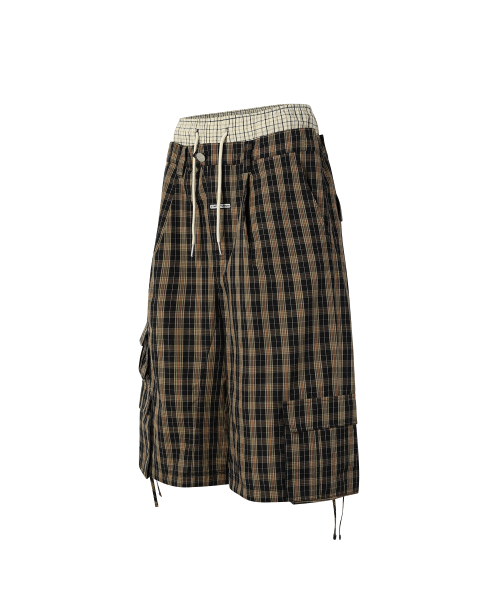 LAYERED CHECK CARGO SHORTS BROWN