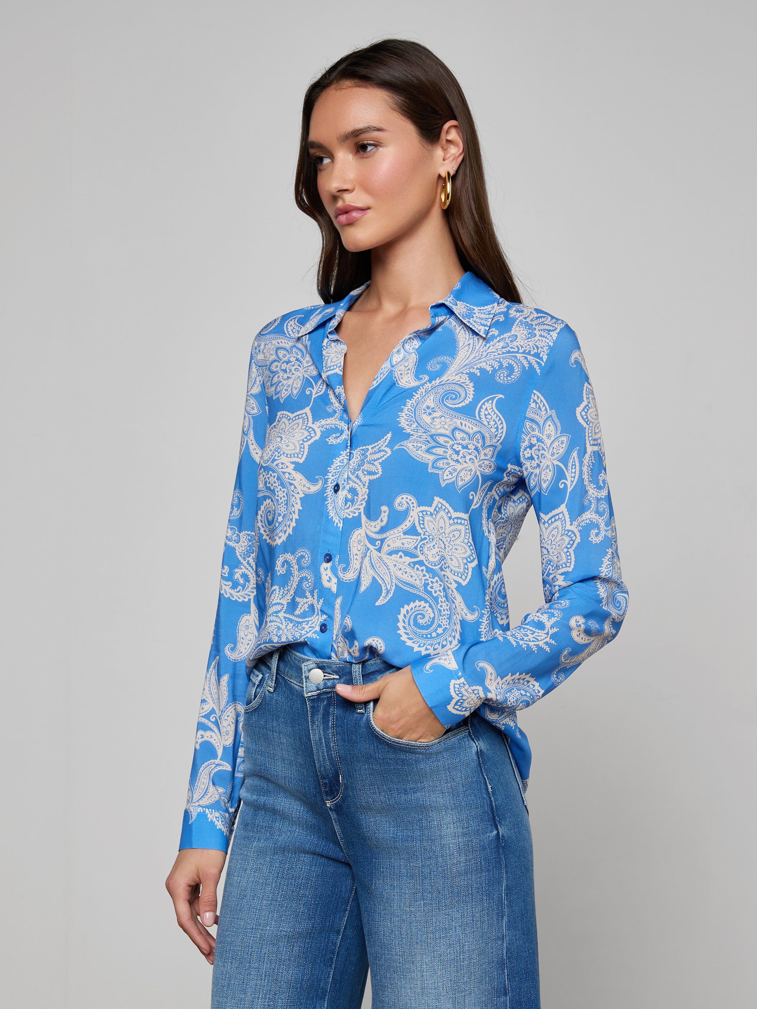 Holly Blouse Top In Regatta Blue/ivory Paisley