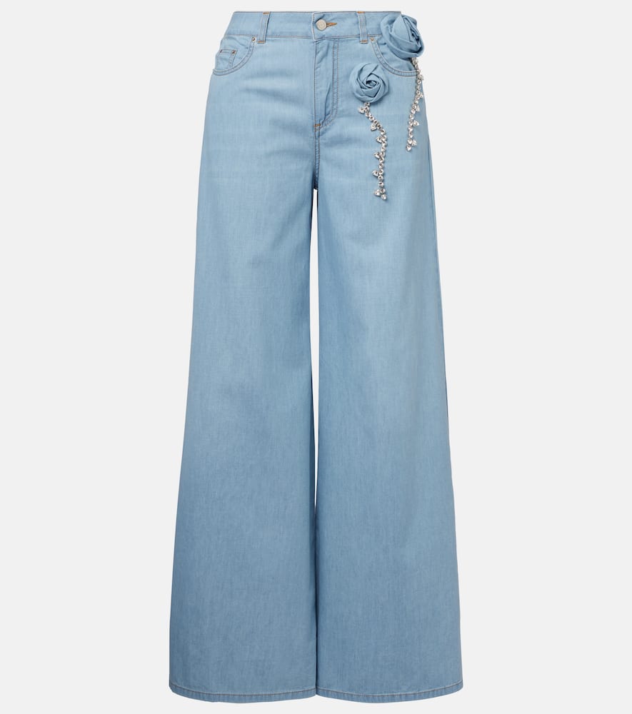 Embellished floral-appliqué wide-leg jeans