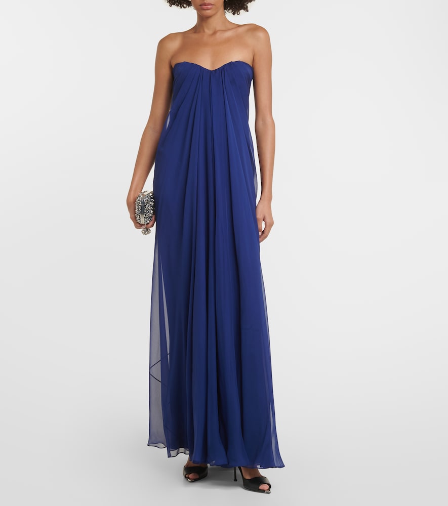Strapless draped silk chiffon gown