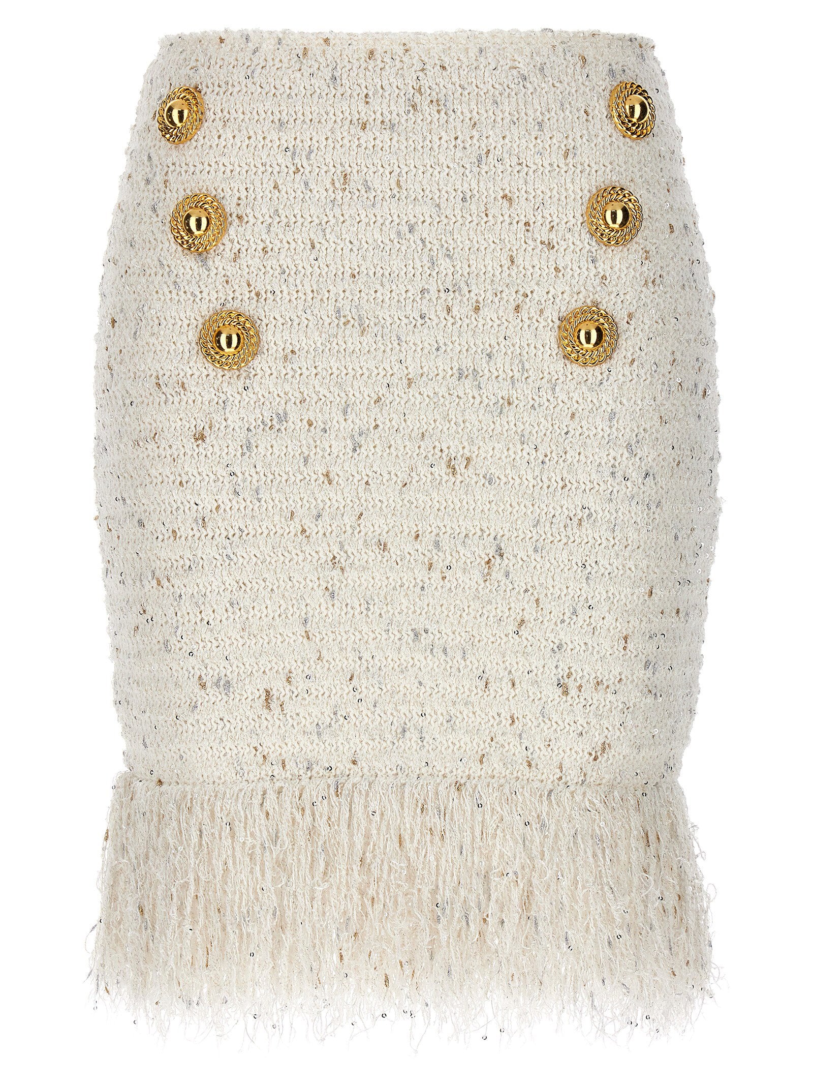 Fringed Tweed with Gold Buttons Skirt — Cream