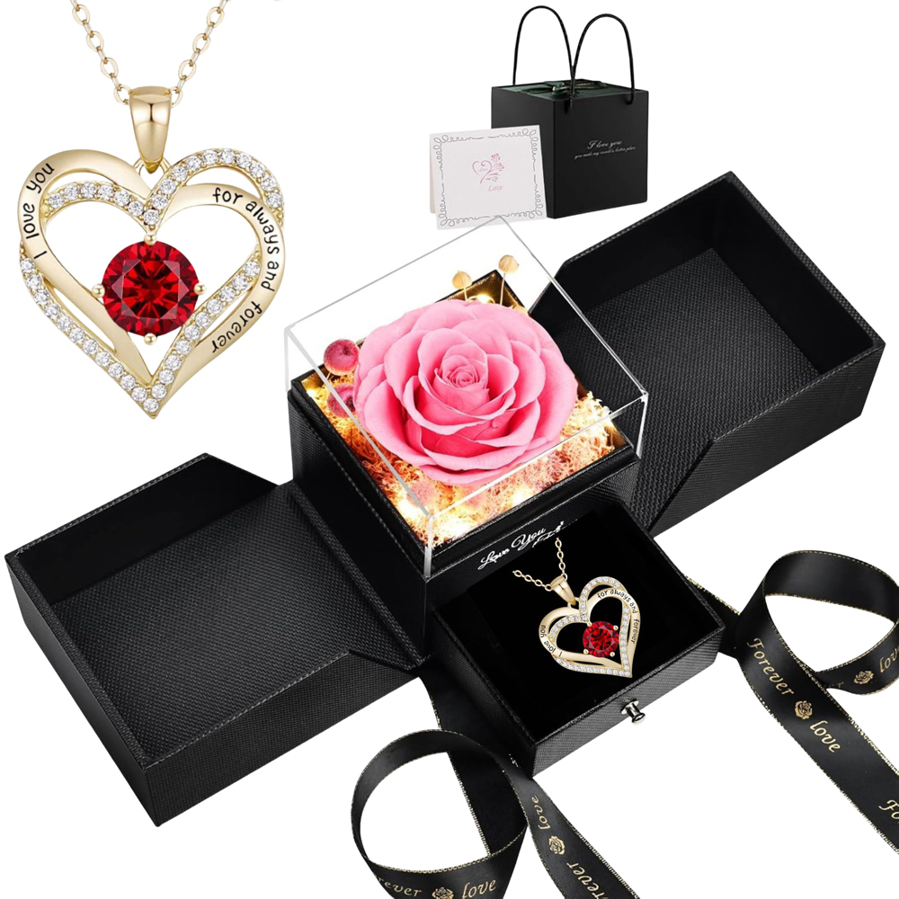 Preserved Pink Rose With Led Lights And 14k Gold Plated Double Heart Ruby Necklace