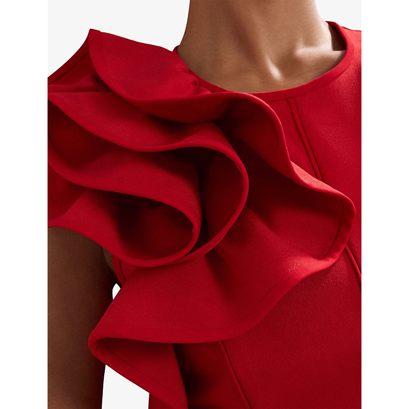 Womens Tyra Ruffle-Neck Sleeveless Stretch-Woven Maxi Dress