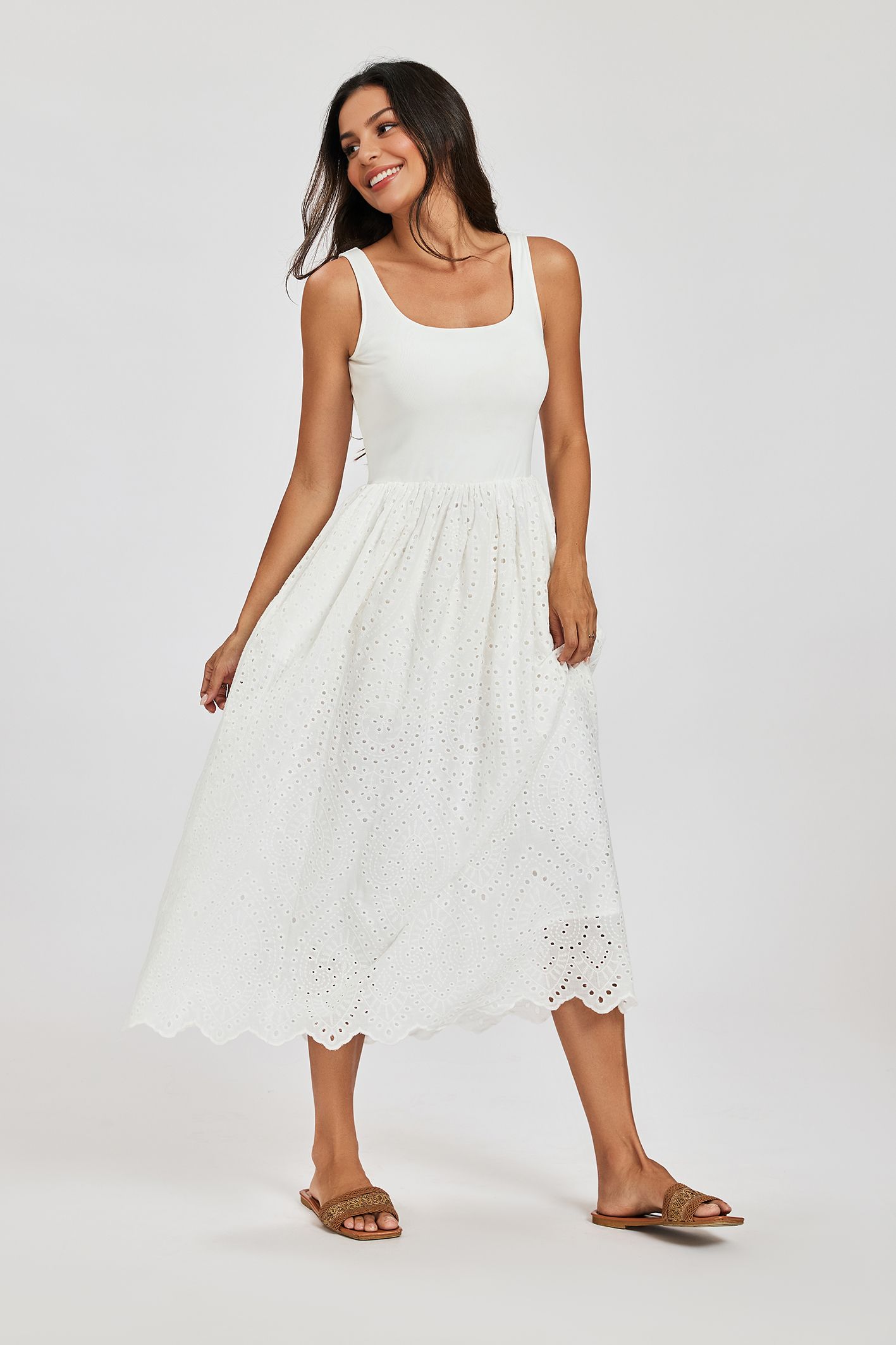 FS Collection Women's Broderie Anglaise Sleeveless Midi Dress in White