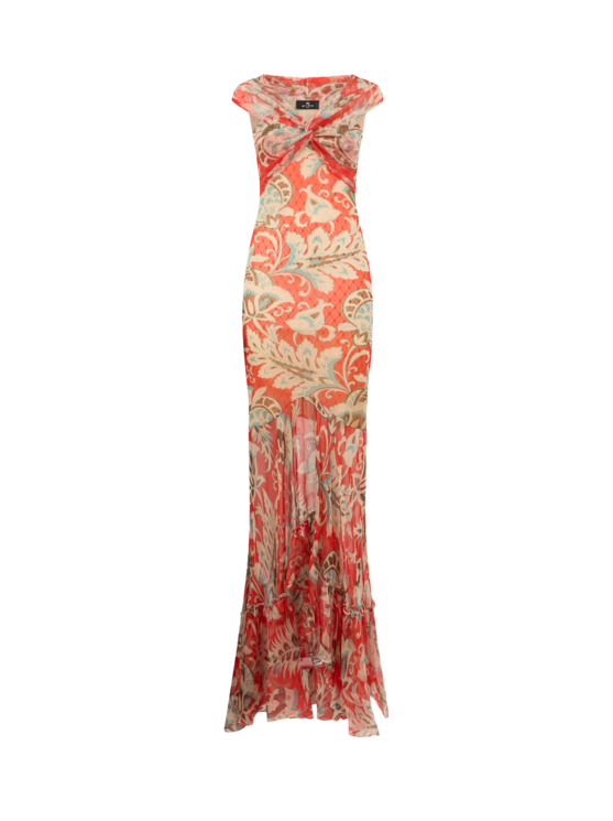 Long Tulle Dress With Open Shoulders And Floral Motif